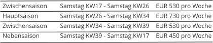 Zwischensaison	Samstag KW17 - Samstag KW26	EUR 530 pro Woche Hauptsaison		Samstag KW26 - Samstag KW34	EUR 730 pro Woche Zwischensaison	Samstag KW34 - Samstag KW39	EUR 530 pro Woche Nebensaison		Samstag KW39 - Samstag KW17	EUR 450 pro Woche